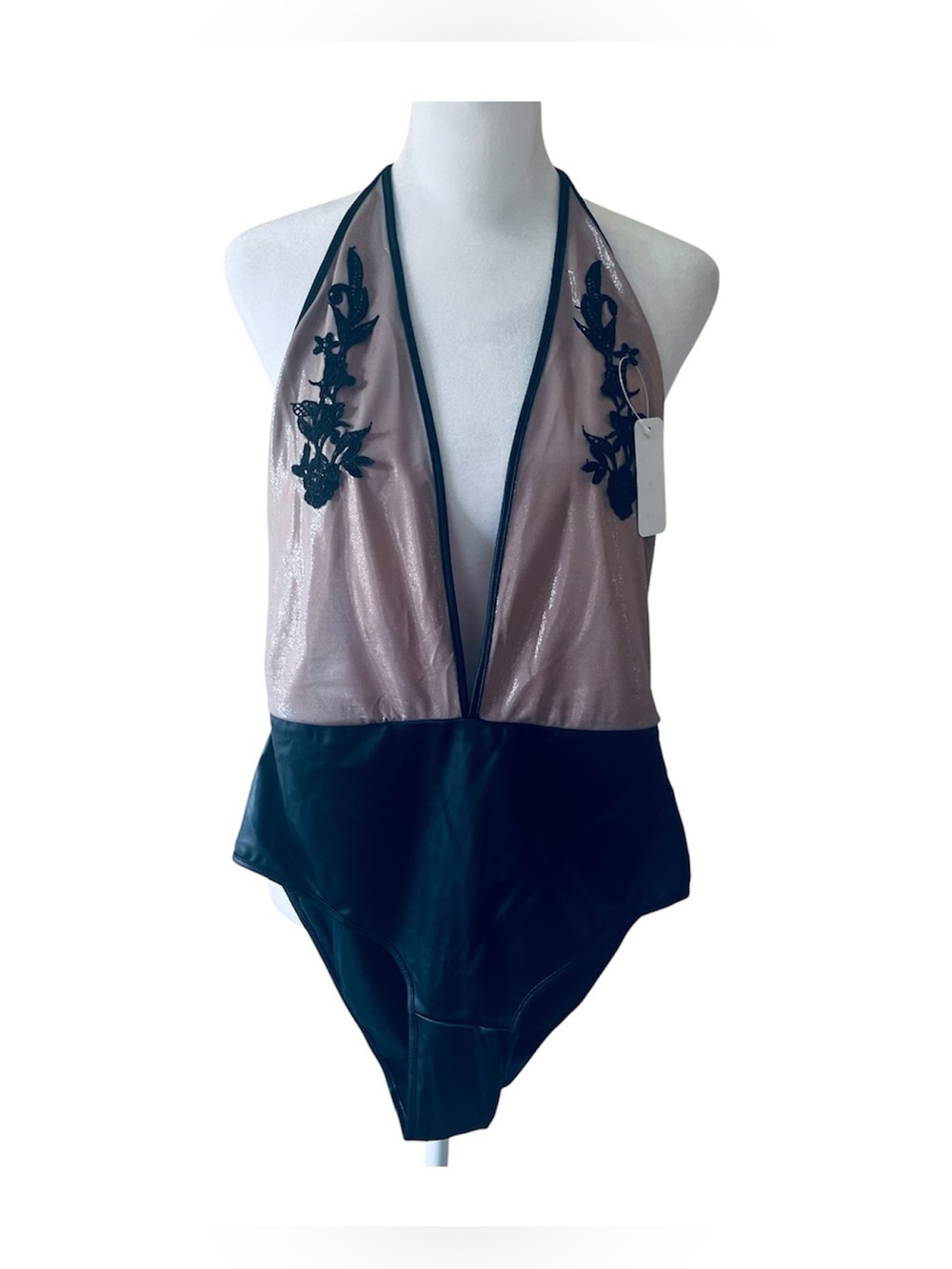 🩱 NWTVelvet Kitten Shimmer Plunge Embroidered Halter One Piece Swimsuit Bodysuit